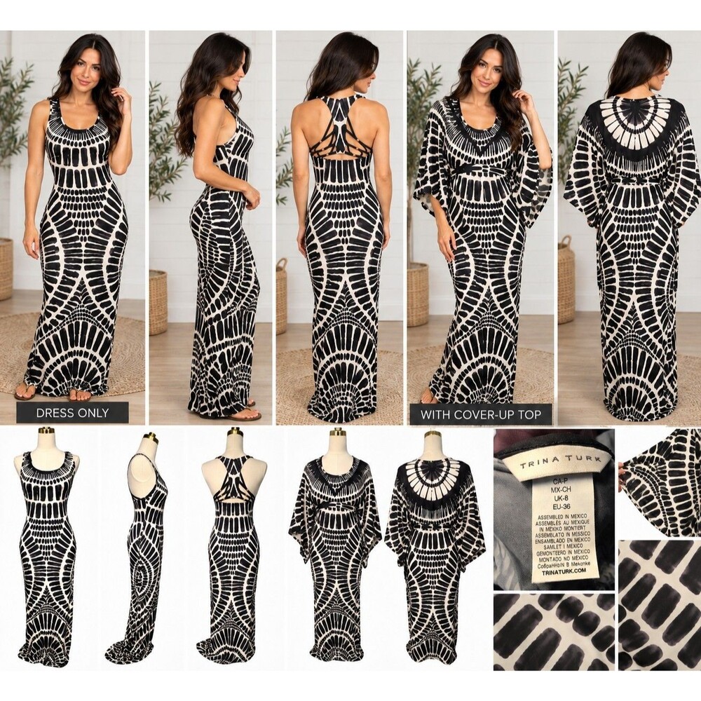 Trina Turk Women's Small 2 Piece Black White Geometric Maxi Dress Cover Up Set
